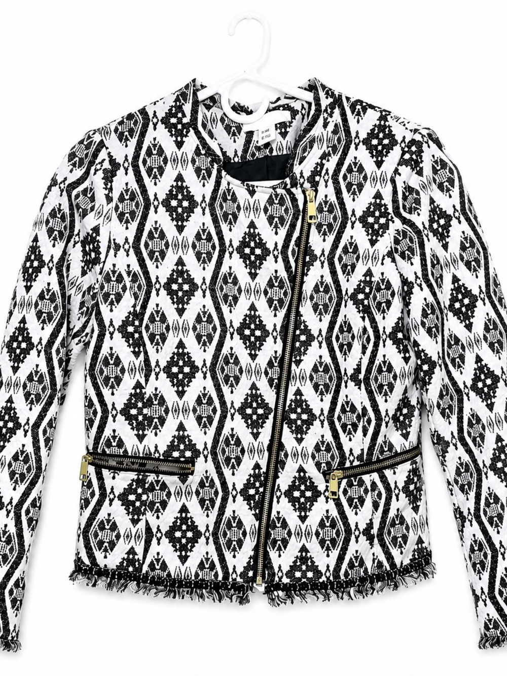 H&M Divided Black White Aztec Tweed Moto Jacket Size 8 Asymmetrical Zip,